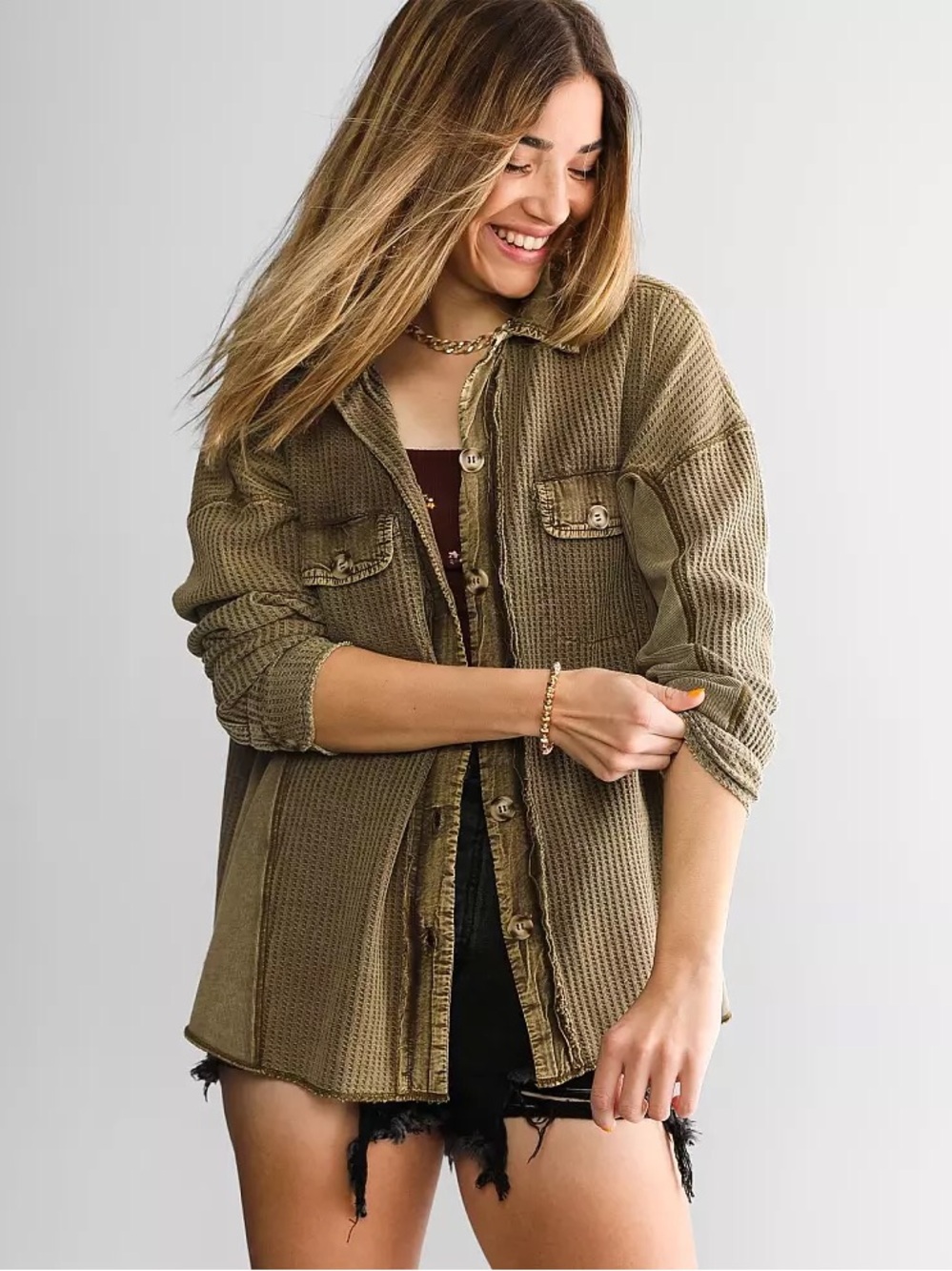 BKE Olive Green Waffle-Knit button down M boyfriend fit